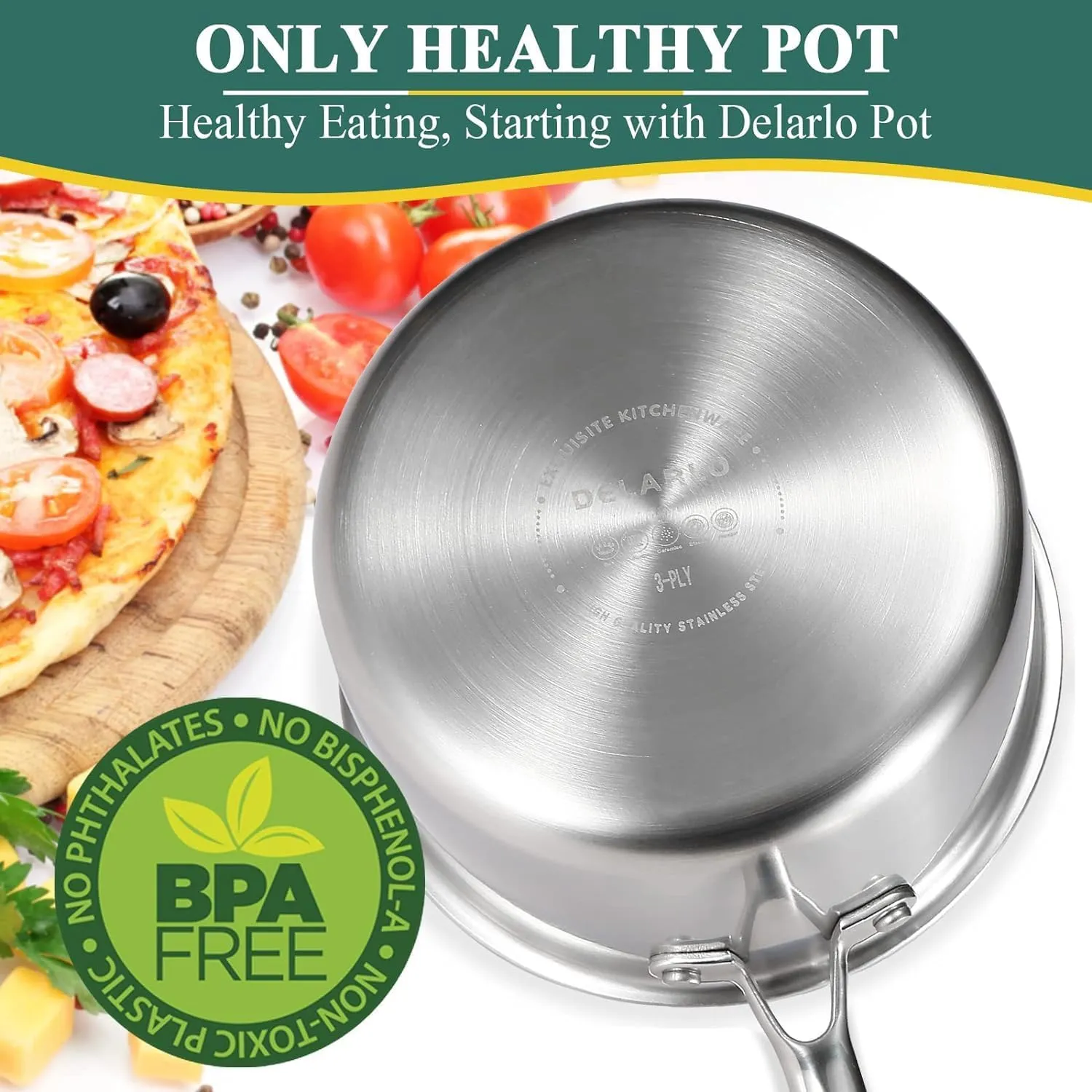 DELARLO Kitchen Pot Set, Tri-Ply Stainless Steel Saucepan Set, 1.0QT 2QT 3.5QT, Cooking Set, Fast Even Heat, Saucepan set Compatible with all Cooktops 600℉（Lids 300℉）3.5QT Pot with a Steamer