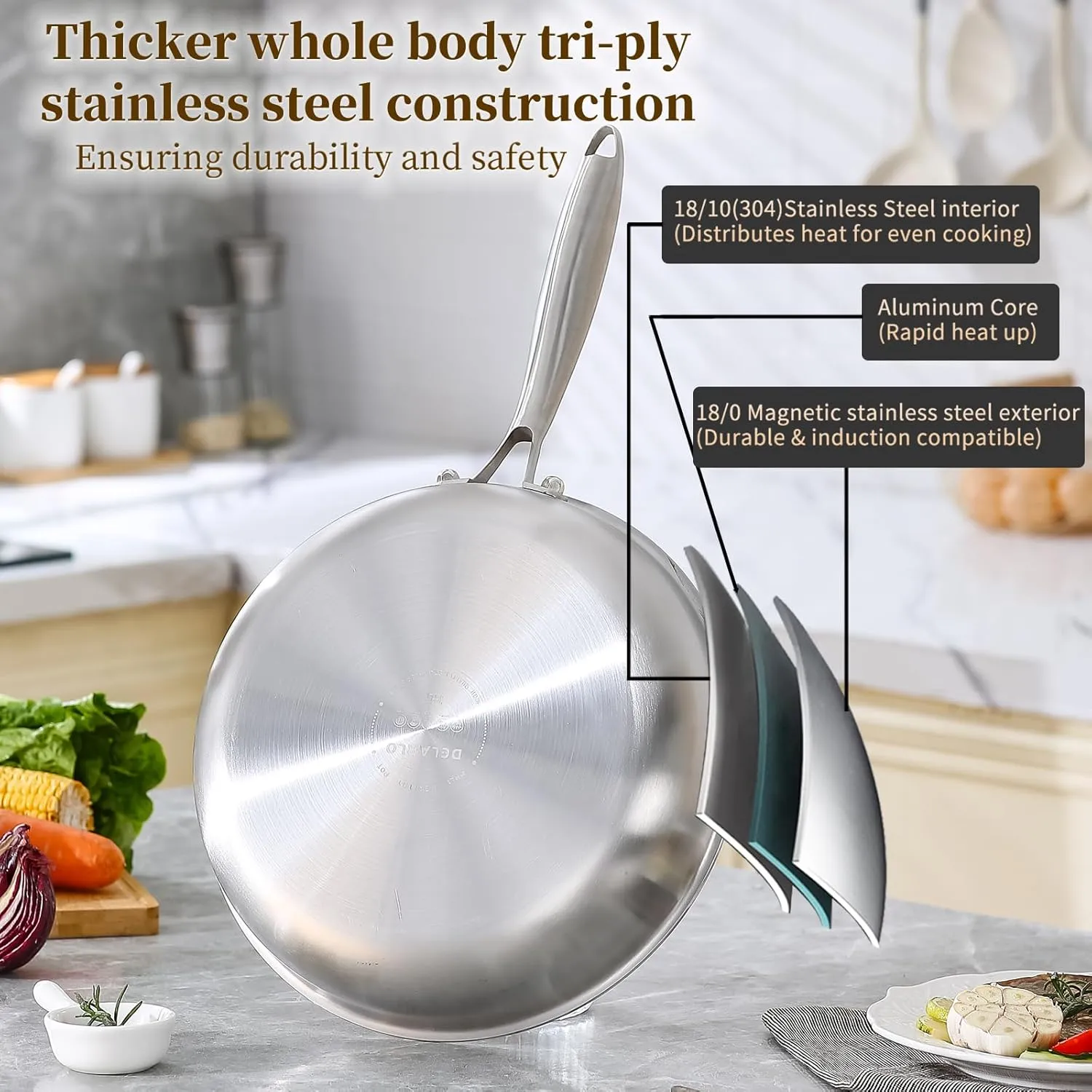 DELARLO Tri-Ply Stainless Steel Frying Pan, All Cooktops Compatible Up to 650℉, Oven Safe Induction Skillet, 12.5 inch Non toxic Cooking Surface, Fast & Even Heat, Durable Cookware