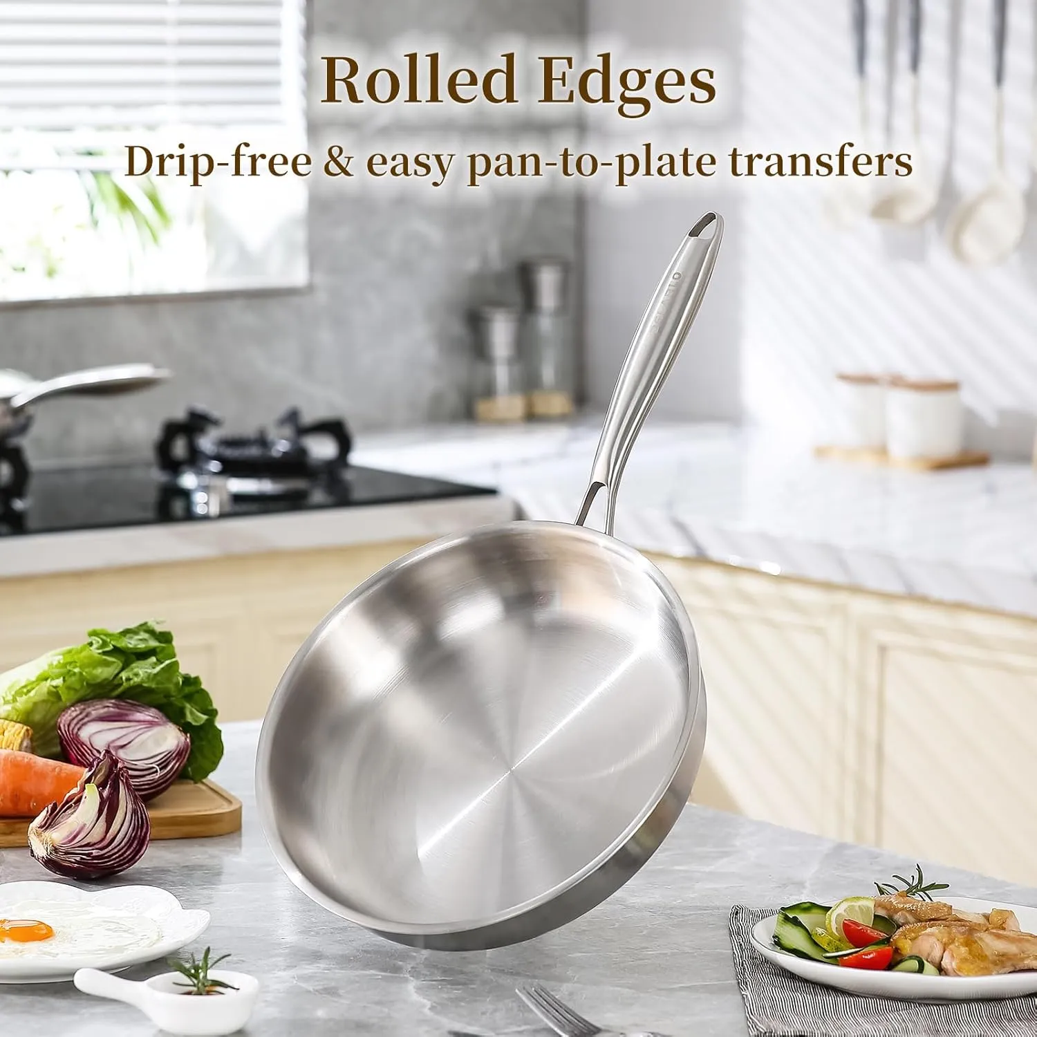 DELARLO Tri-Ply Stainless Steel Frying Pan, All Cooktops Compatible Up to 650℉, Oven Safe Induction Skillet, 12.5 inch Non toxic Cooking Surface, Fast & Even Heat, Durable Cookware