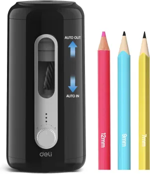 Deli Electric Pencil Sharpener, Fully Automatic Pencil Sharpener, Auto in & Out, Rechargeable Hands-Free Pencil Sharpener for 6.9-12mm, Home, Classroom, Battery Operated, Black