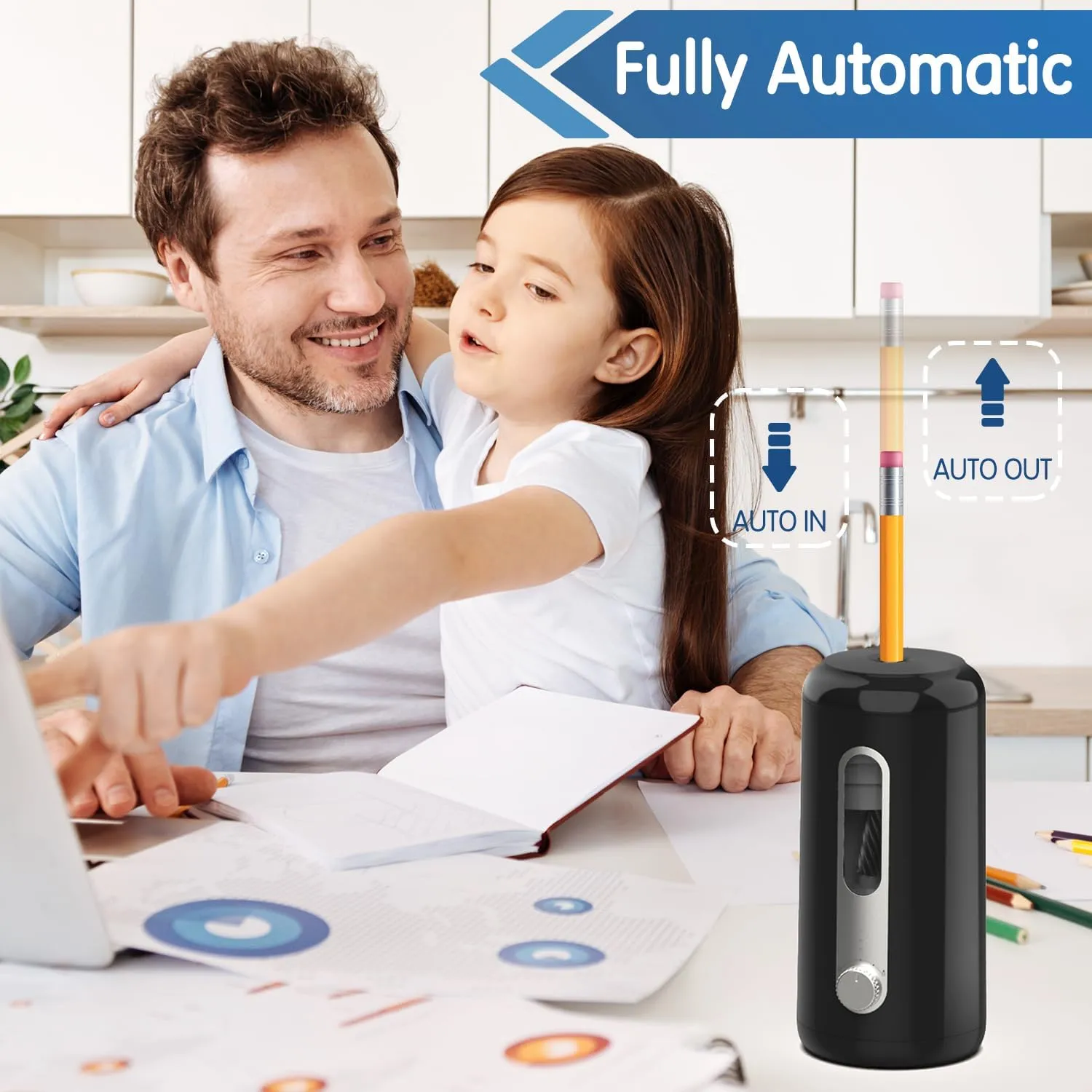 Deli Electric Pencil Sharpener, Fully Automatic Pencil Sharpener, Auto in & Out, Rechargeable Hands-Free Pencil Sharpener for 6.9-12mm, Home, Classroom, Battery Operated, Black