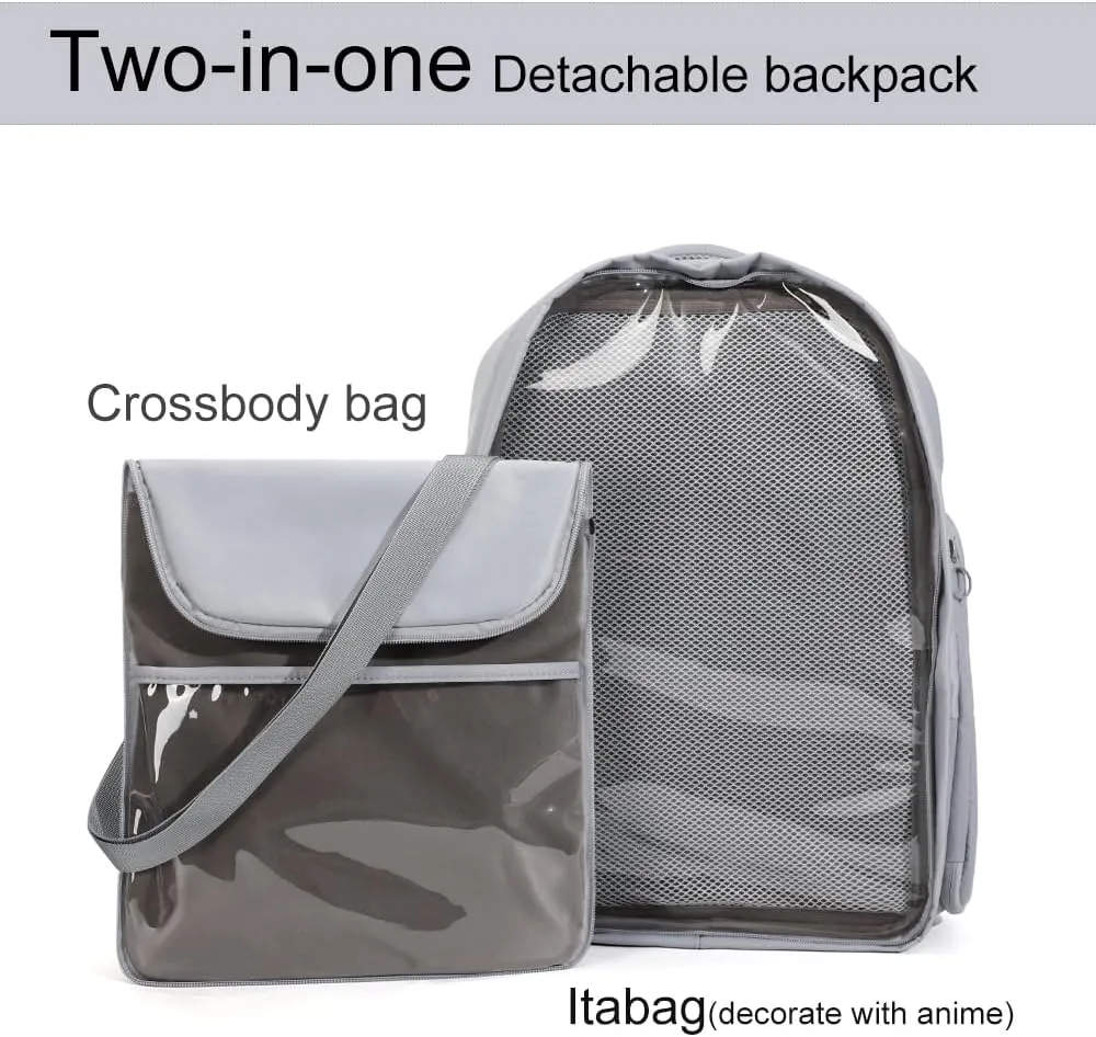 detachable Ita Bag transparent laptop backapck with insert Pin Display Anime Cosplay(GREY, Large)