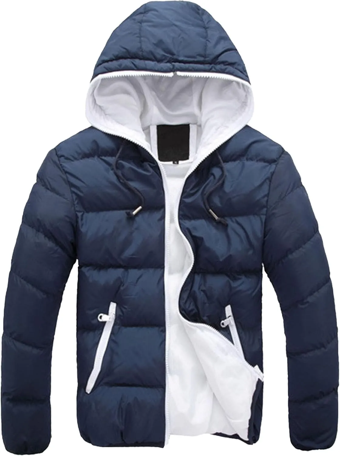 DGKaxiyaHM Men's Windproof Insulated Puffer Jacket Warm Thicken Puffy Ski Coat Water Repellent Cotton Coat With Hood (Large,Navy Blue 2)