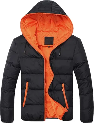 DGKaxiyaHM Men's Windproof Insulated Puffer Jacket Warm Thicken Puffy Ski Coat Water Repellent Cotton Coat With Hood (Medium,Black Orange)