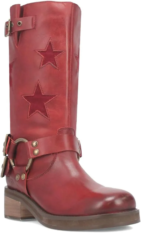 Dingo Women's Blacklist Tooled Inlay Round Toe Pull on Motorcycl Fashion Boot