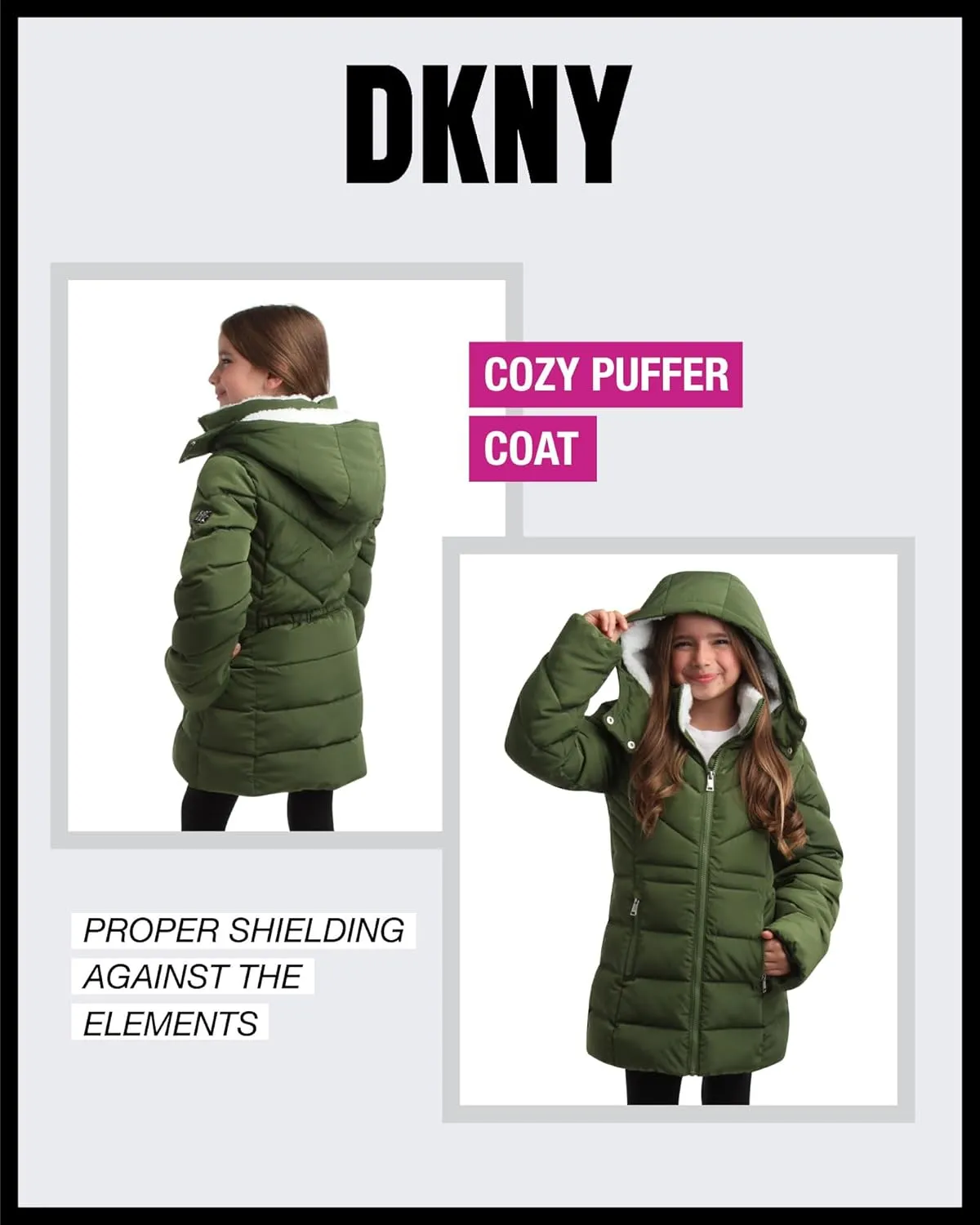 DKNY Girls’ Winter Coat – Heavyweight Anorak Puffer Coat with Cinched Waist – Sherpa Lined Insulated Jacket for Girls (4-16)