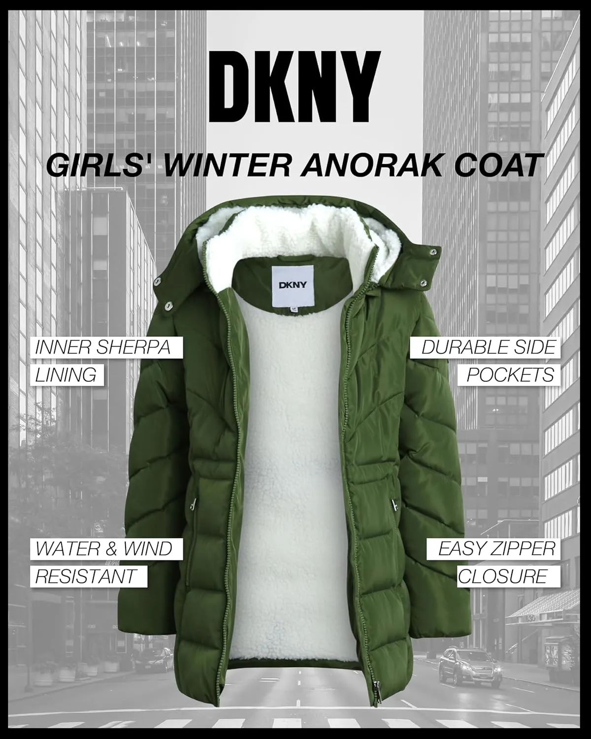 DKNY Girls’ Winter Coat – Heavyweight Anorak Puffer Coat with Cinched Waist – Sherpa Lined Insulated Jacket for Girls (4-16)