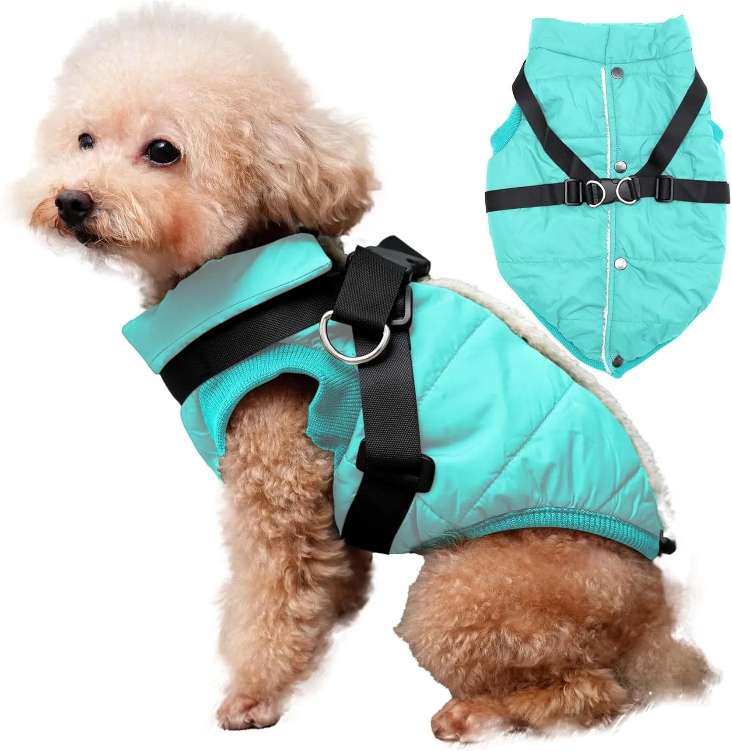 Dog Jacket with Harness,Fleece Lined Warm Puppy Coat for Winter,Soft Windproof Small Dog Vest,Bluegreen S