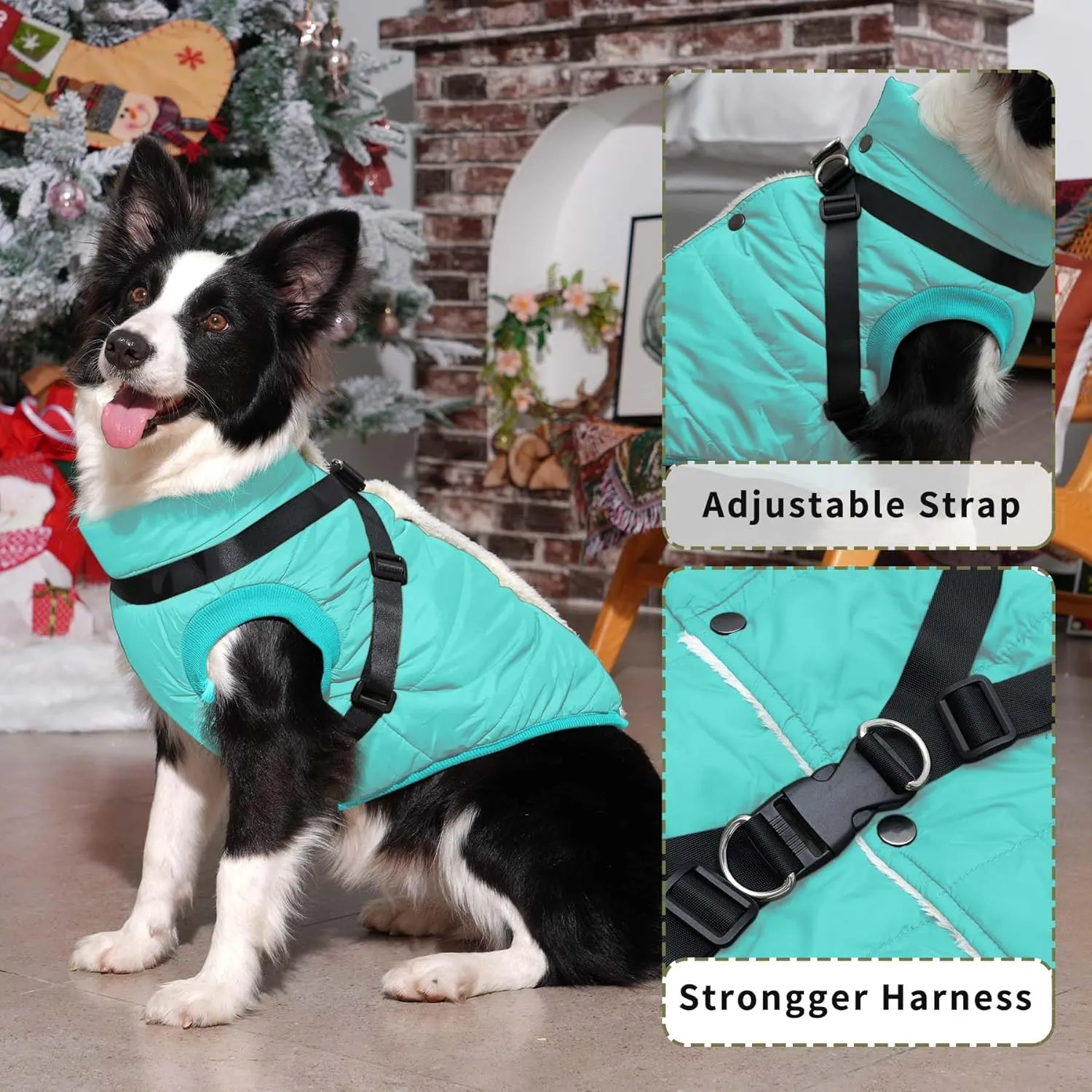 Dog Jacket with Harness,Fleece Lined Warm Puppy Coat for Winter,Soft Windproof Small Dog Vest,Bluegreen S