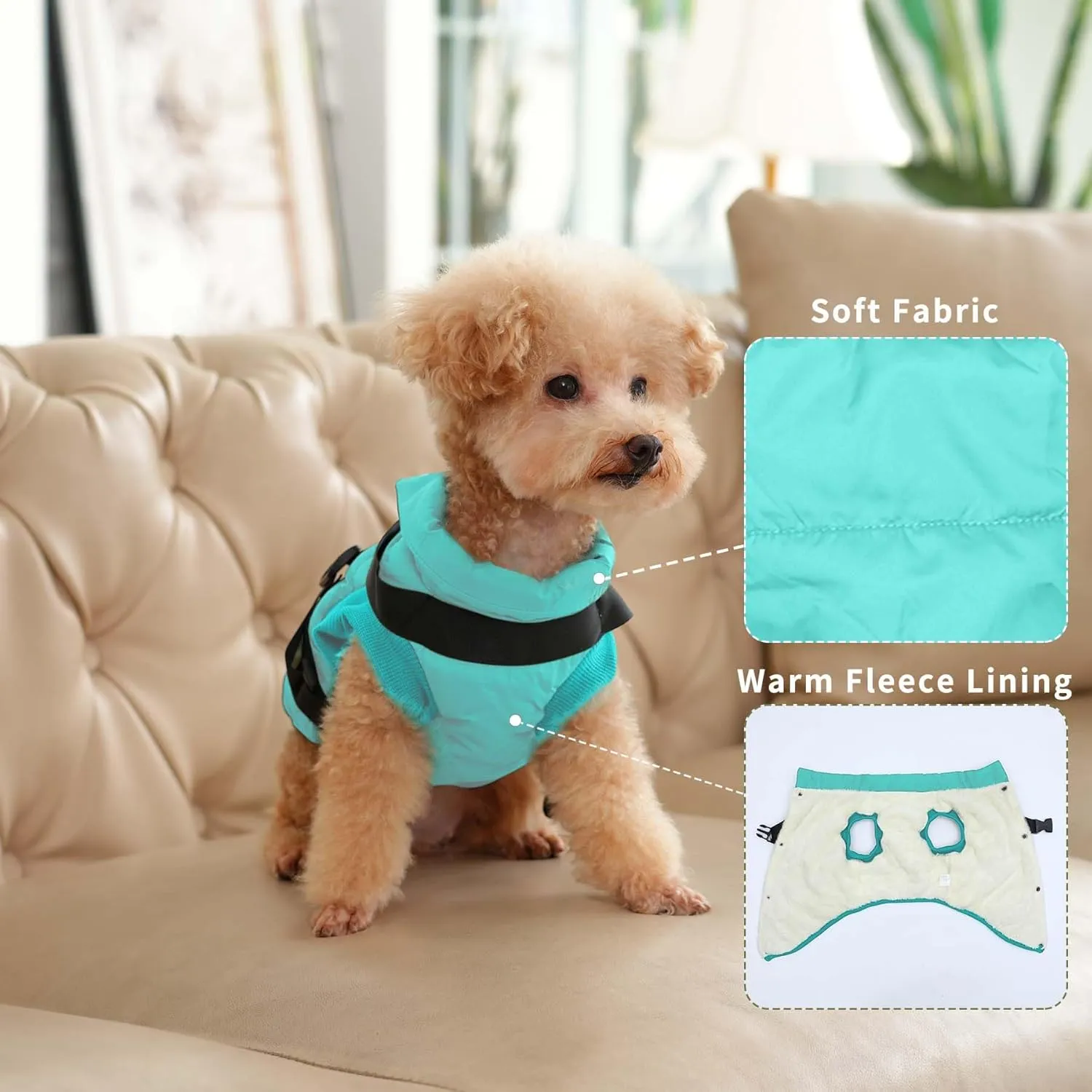 Dog Jacket with Harness,Fleece Lined Warm Puppy Coat for Winter,Soft Windproof Small Dog Vest,Bluegreen S