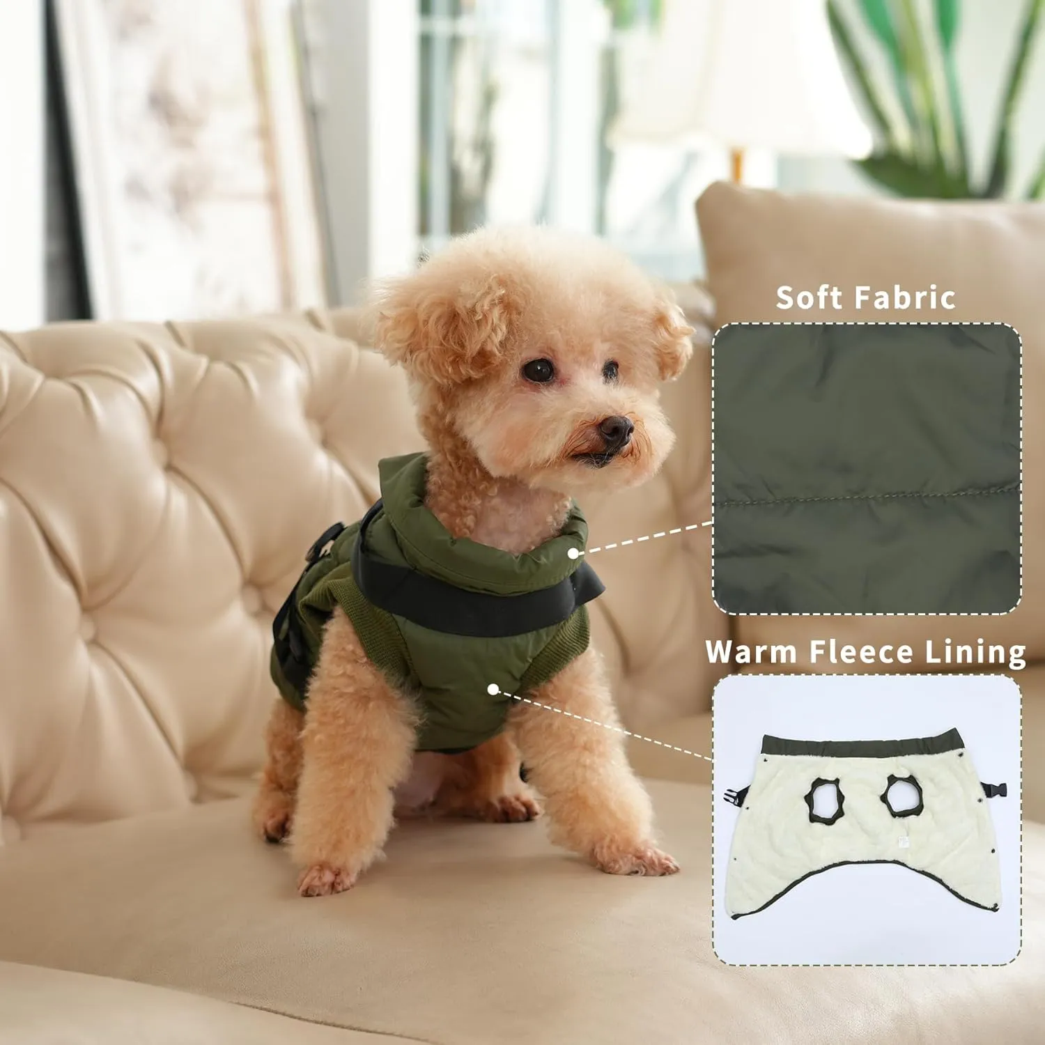 Dog Jacket with Harness,Fleece Lined Warm Puppy Coat for Winter,Soft Windproof Small Dog Vest,Green S