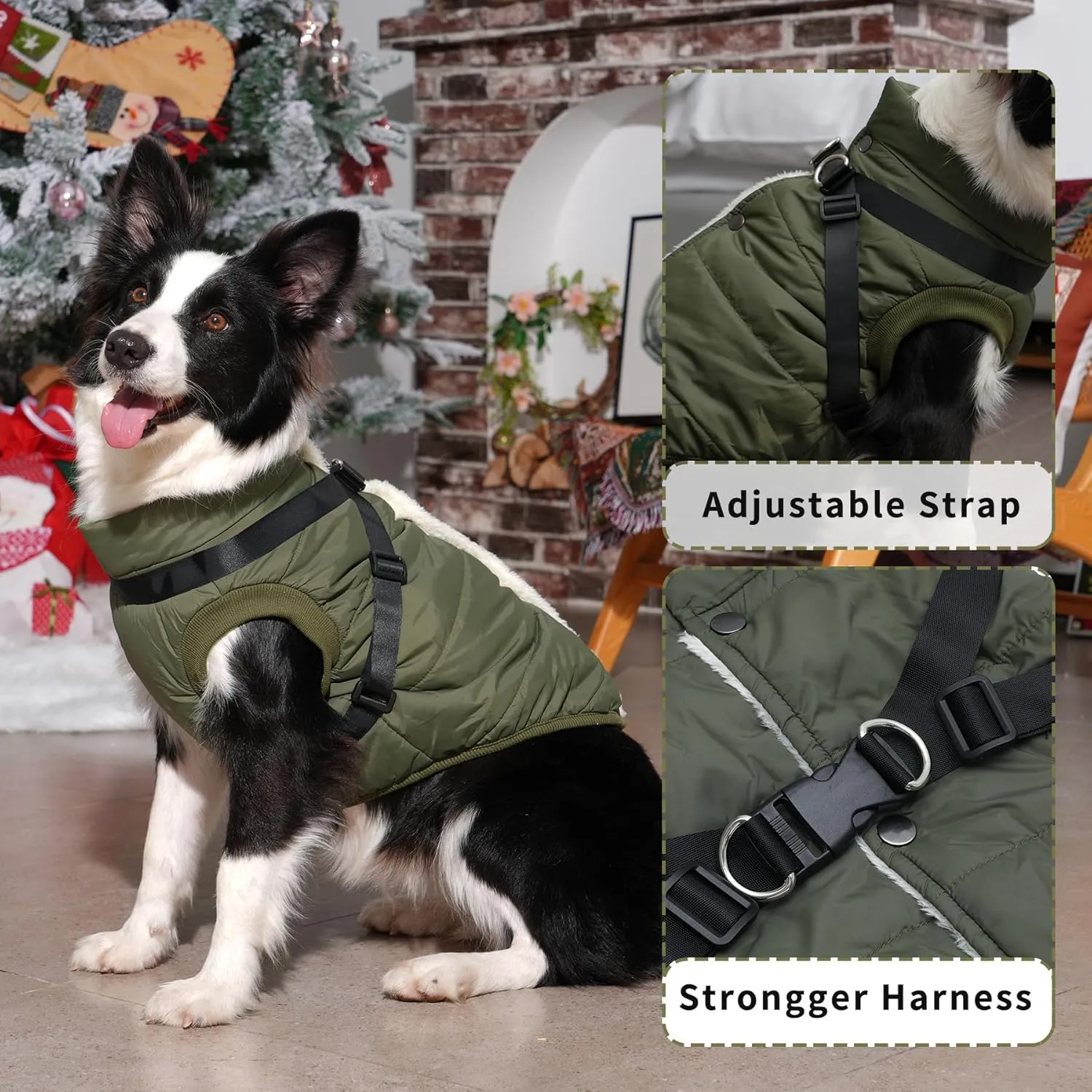 Dog Jacket with Harness,Fleece Lined Warm Puppy Coat for Winter,Soft Windproof Small Dog Vest,Green S