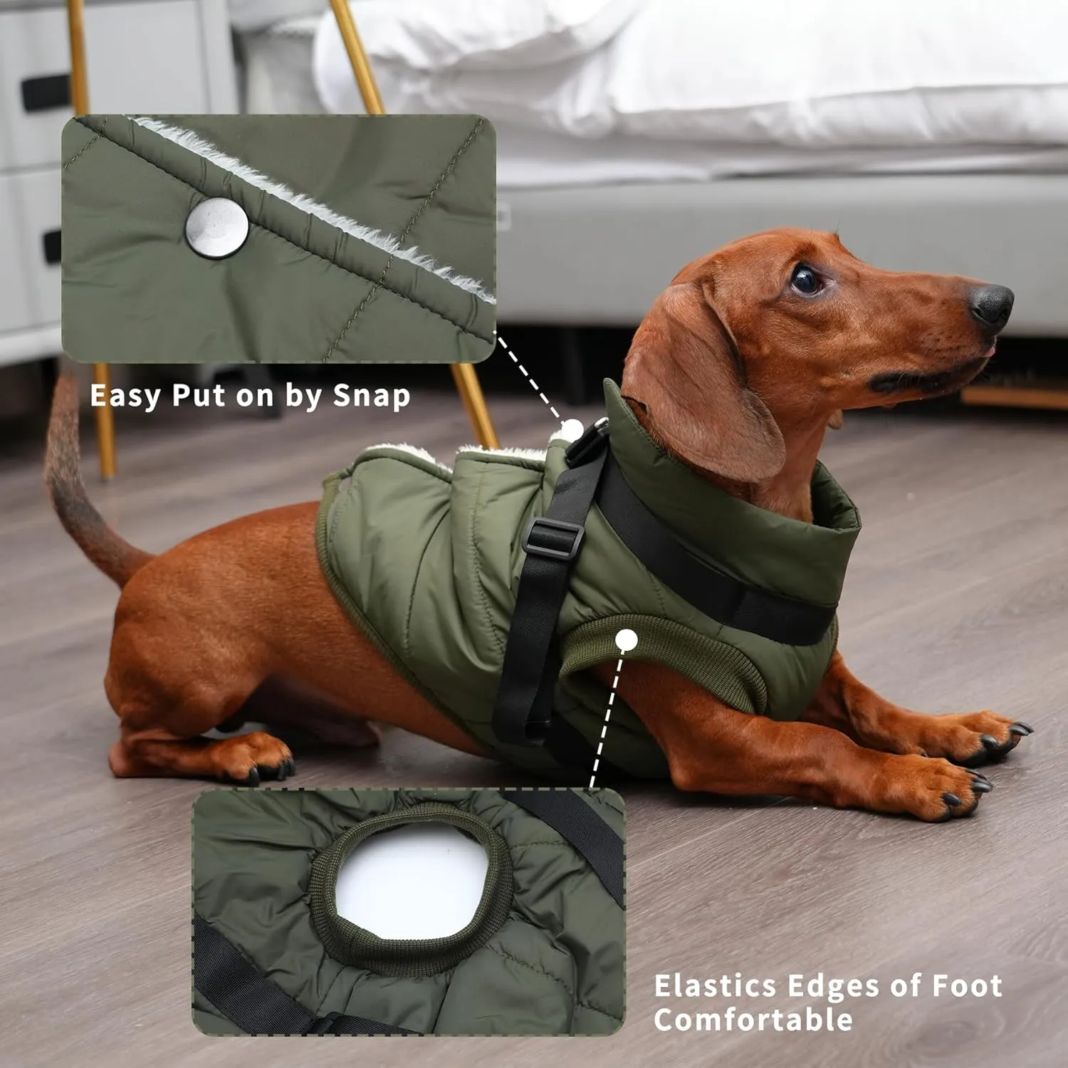 Dog Jacket with Harness,Fleece Lined Warm Puppy Coat for Winter,Soft Windproof Small Dog Vest,Green S