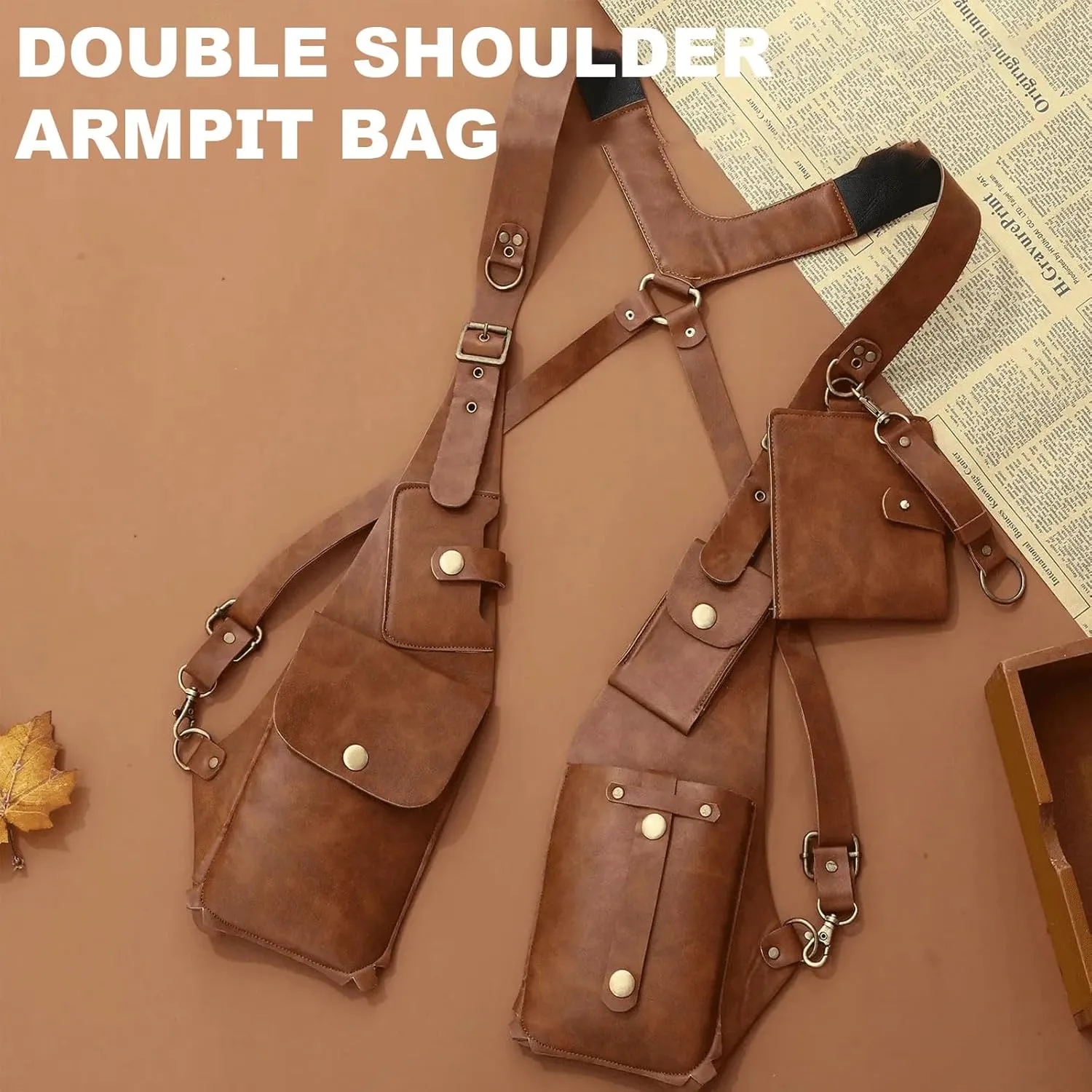Double Shoulder Armpit Bag, Anti Theft Multi Pocket Bag For Men, Harness Bag, Anti-Theft Bag With Shoulder Harness For Men, Wallet Holster, Anti Underarm Shoulder Bag (Dark Brown)