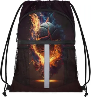 Drawstring Backpack String Bag with Side Pocket Sports Gym Soccer Cinch Sackpack for Women Men Small Beach Workout Storage for Swimming Gear Basketball Sports Fire Ball Backpack
