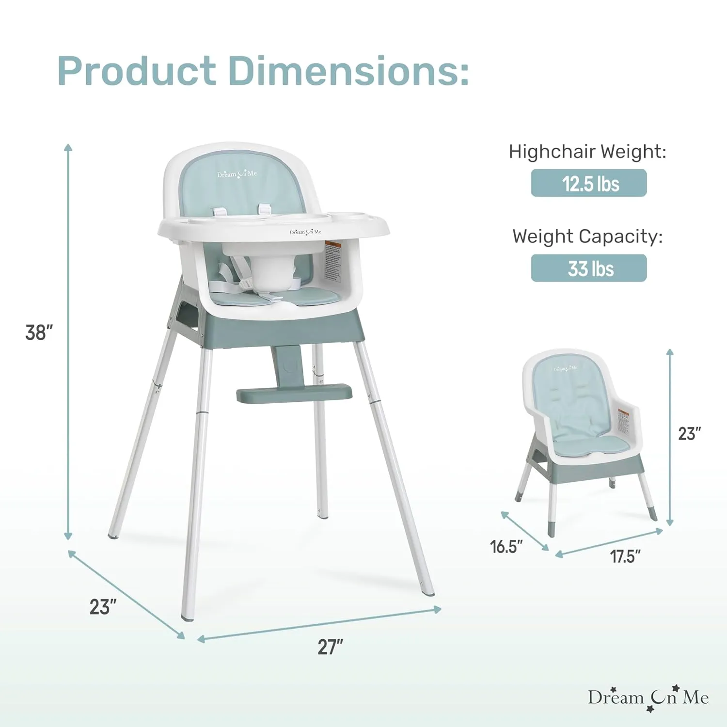 Dream On Me Curio Sit N Seek 3 in 1 Convertible Baby High Chair in Solid Mint, Removable and Adjustable Tray, Portable High Chair, Adjustable Legs, Detachable Footrest & 5 Point Safety Harness