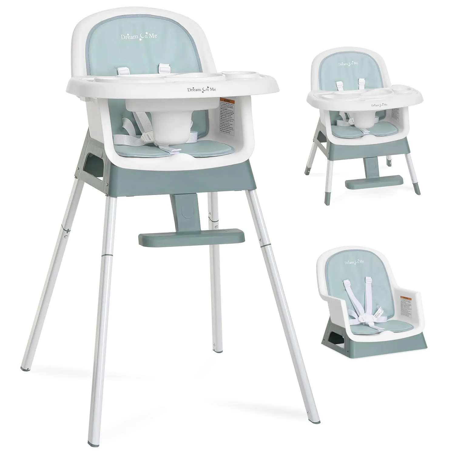 Dream On Me Curio Sit N Seek 3 in 1 Convertible Baby High Chair in Solid Mint, Removable and Adjustable Tray, Portable High Chair, Adjustable Legs, Detachable Footrest & 5 Point Safety Harness