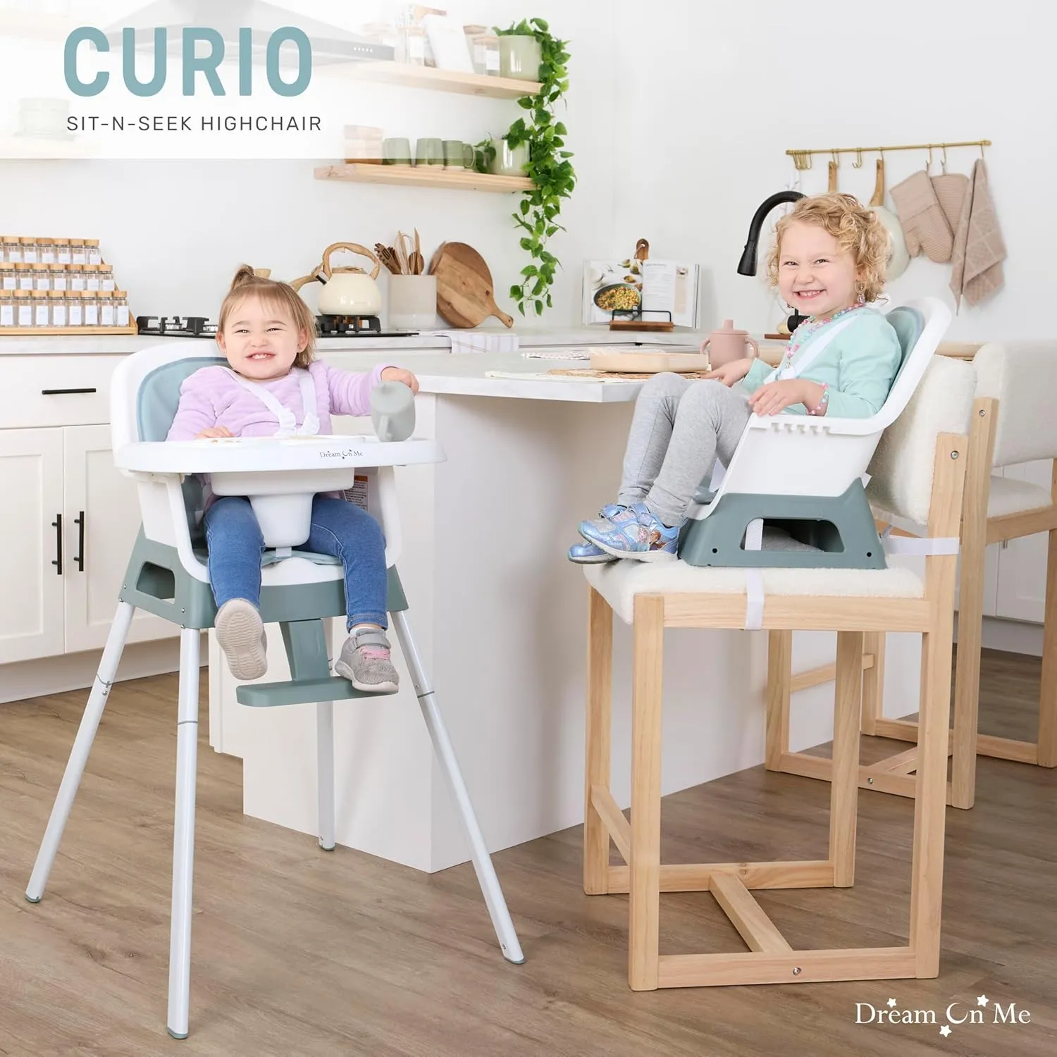 Dream On Me Curio Sit N Seek 3 in 1 Convertible Baby High Chair in Solid Mint, Removable and Adjustable Tray, Portable High Chair, Adjustable Legs, Detachable Footrest & 5 Point Safety Harness