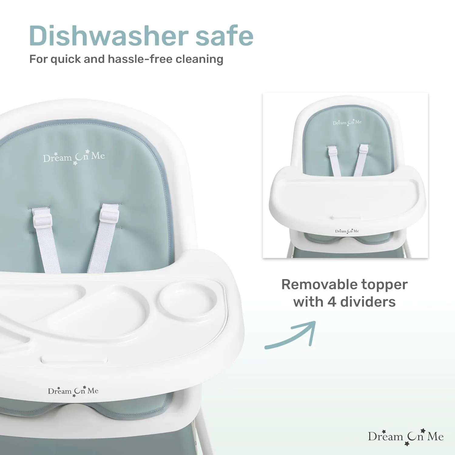 Dream On Me Curio Sit N Seek 3 in 1 Convertible Baby High Chair in Solid Mint, Removable and Adjustable Tray, Portable High Chair, Adjustable Legs, Detachable Footrest & 5 Point Safety Harness
