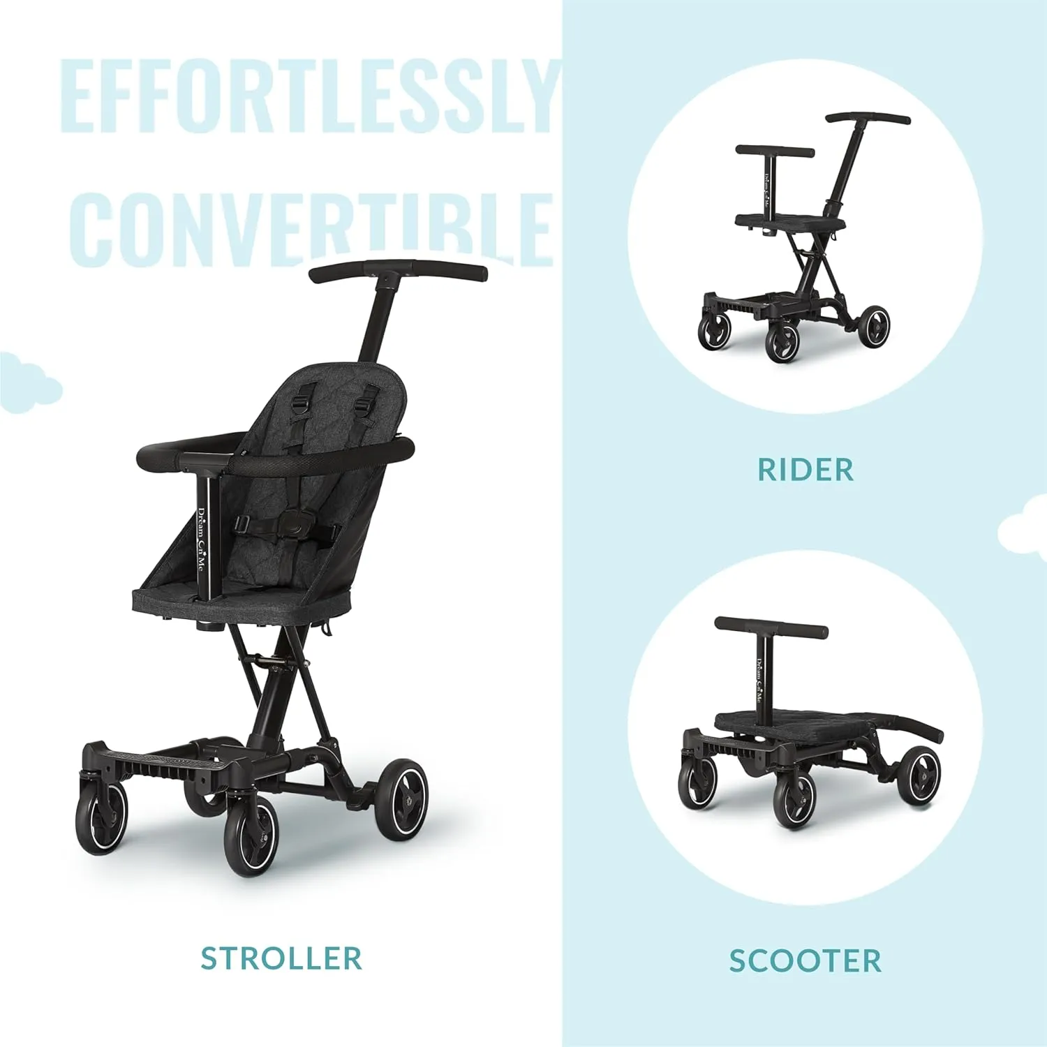 Dream On Me Lightweight and Compact Coast Rider Stroller with One Hand Easy Fold, Adjustable Handles and Soft Ride Wheels, Black