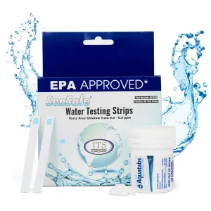 Drinking Water Essentials Kit - 100 Aquatabs Water Purification Tablets   50 Chlorine Test Strips - for Boat and RV Tanks - by Aquamarine Water Solutions