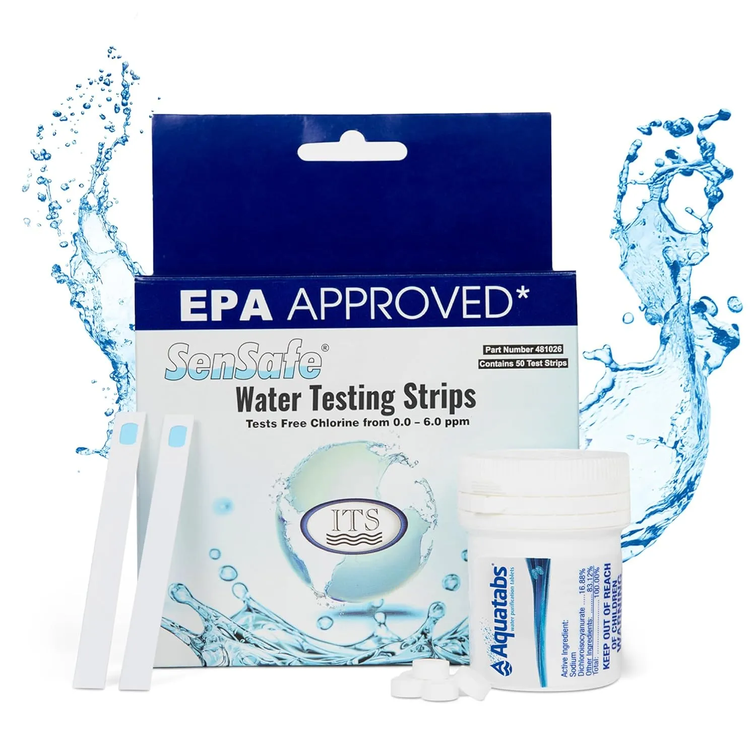 Drinking Water Essentials Kit - 100 Aquatabs Water Purification Tablets   50 Chlorine Test Strips - for Boat and RV Tanks - by Aquamarine Water Solutions