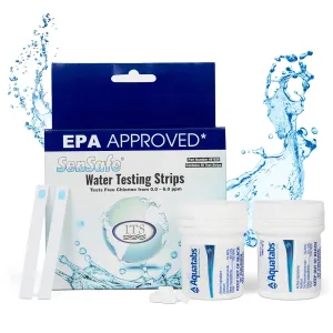 Drinking Water Essentials Kit - 200 Aquatabs Water Purification Tablets   50 Chlorine Test Strips - for Boat and RV Tanks - by Aquamarine Water Solutions