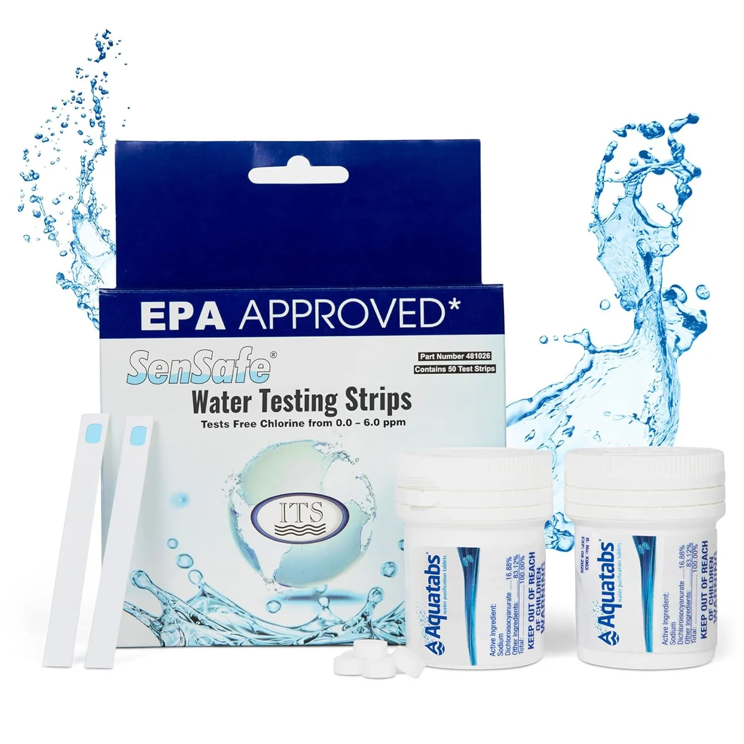 Drinking Water Essentials Kit - 200 Aquatabs Water Purification Tablets   50 Chlorine Test Strips - for Boat and RV Tanks - by Aquamarine Water Solutions