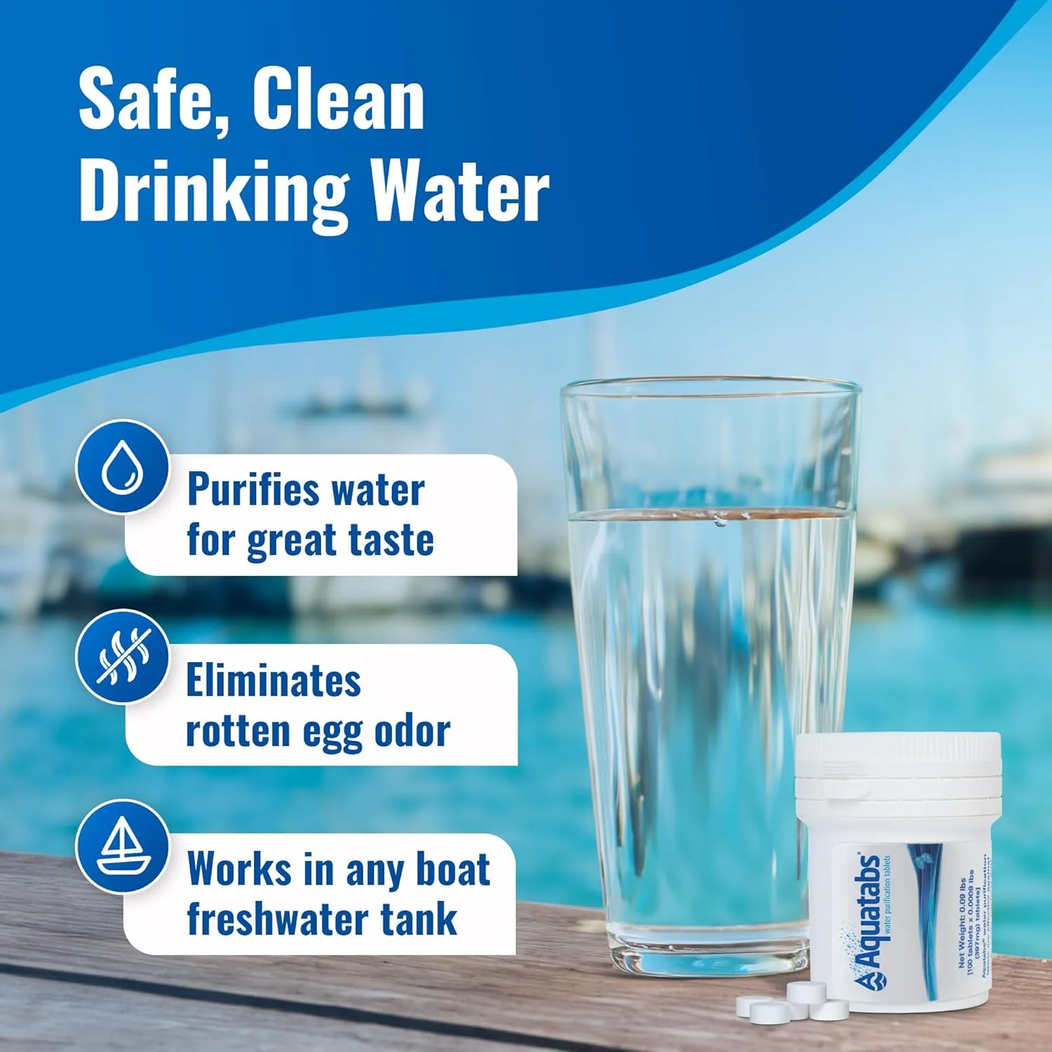 Drinking Water Essentials Kit - 200 Aquatabs Water Purification Tablets   50 Chlorine Test Strips - for Boat and RV Tanks - by Aquamarine Water Solutions