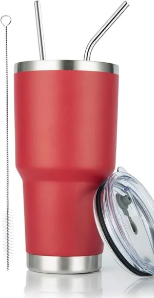 D·S 30oz Red Tumbler Stainless Steel Double Wall Vacuum Insulated Mug with Straw and Lid, Cleaning Brush for Cold and Hot Beverages (30oz Red)