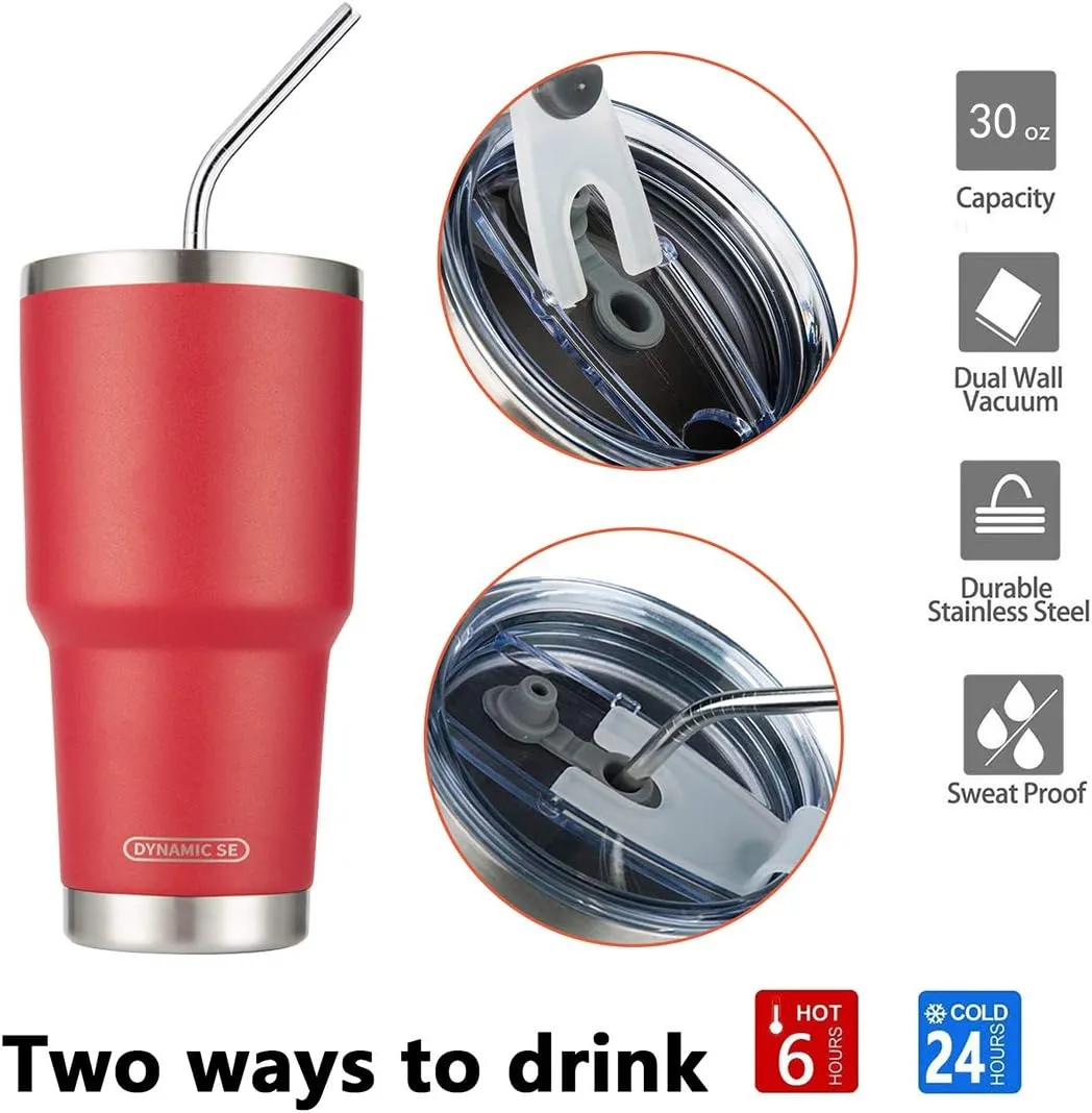 D·S 30oz Red Tumbler Stainless Steel Double Wall Vacuum Insulated Mug with Straw and Lid, Cleaning Brush for Cold and Hot Beverages (30oz Red)