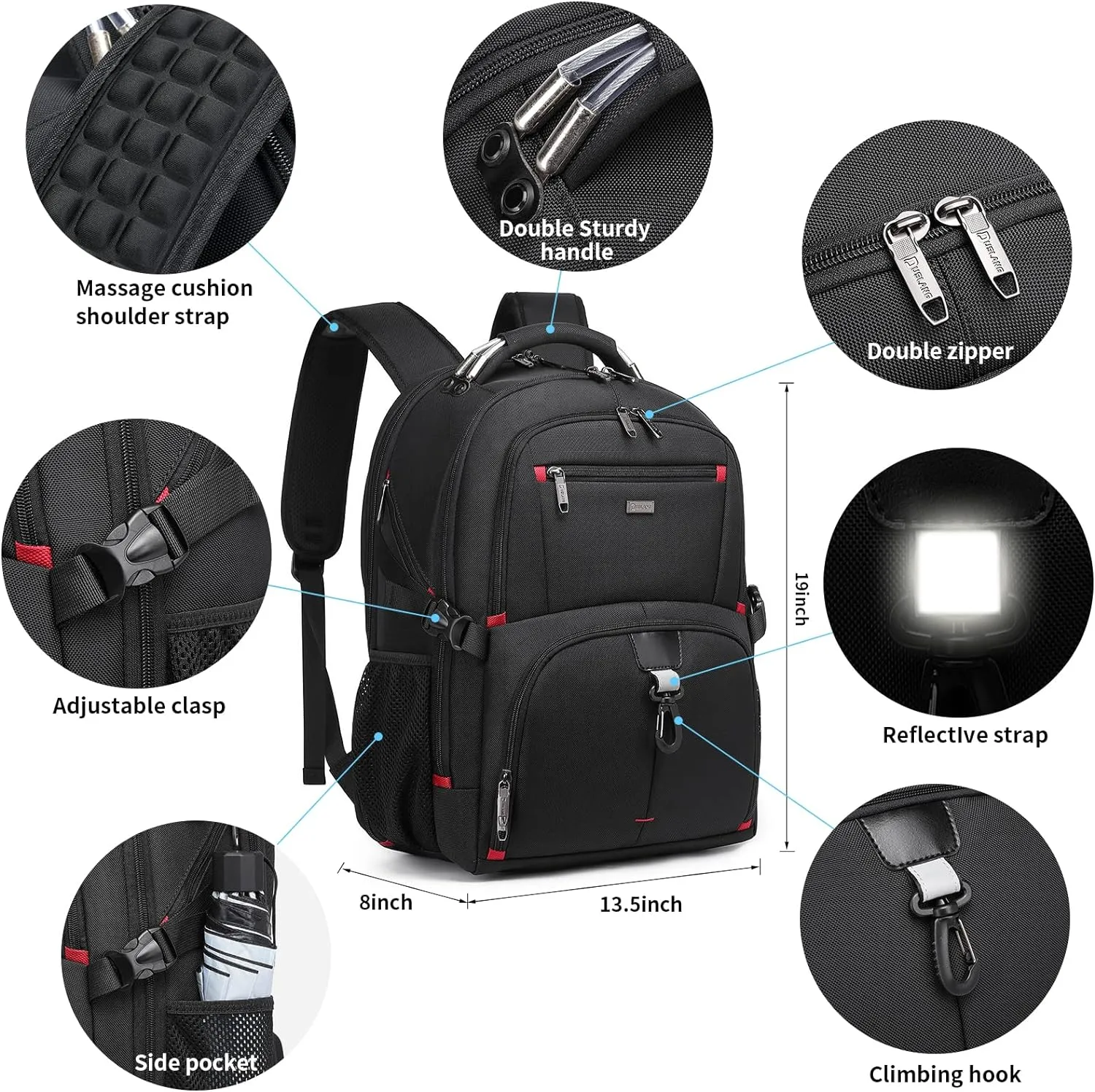 DUSLANG 50L Travel Laptop Backpack for Men Women, Extra Large Heavy Duty Carry on Backpack for Weekend Airline Approved Fits 17 Inch Computer with Rain Cover, Black