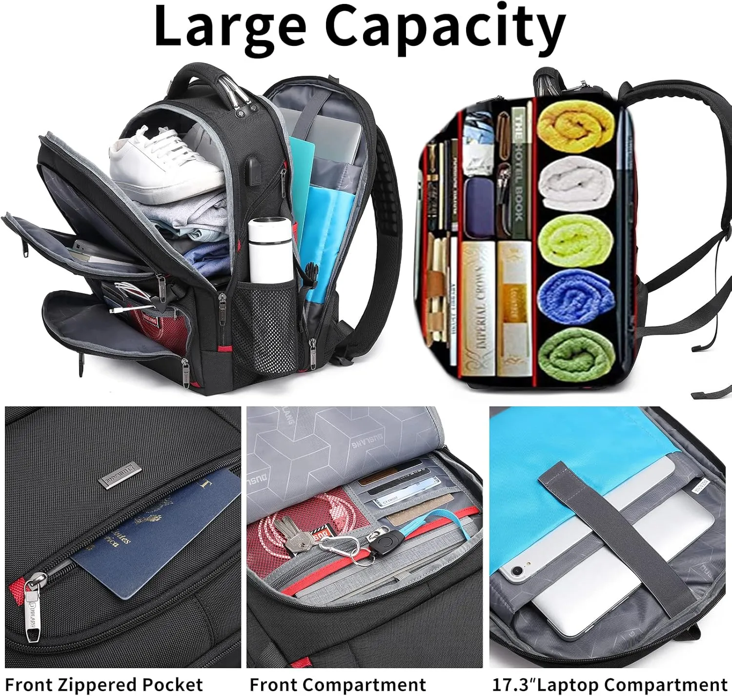 DUSLANG 50L Travel Laptop Backpack for Men Women, Extra Large Heavy Duty Carry on Backpack for Weekend Airline Approved Fits 17 Inch Computer with Rain Cover, Black