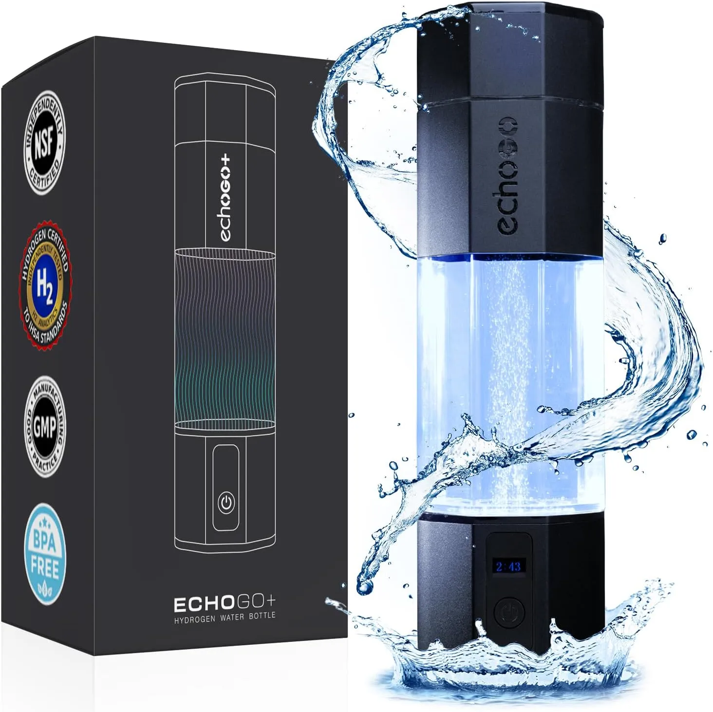 Echo Go  Hydrogen Water Bottle - Hydrogen Infusion Technology - Rechargeable Water Bottle - SPE & PEM Purification - Active Hydration Support for Skin Health & Immune Function - 10 oz
