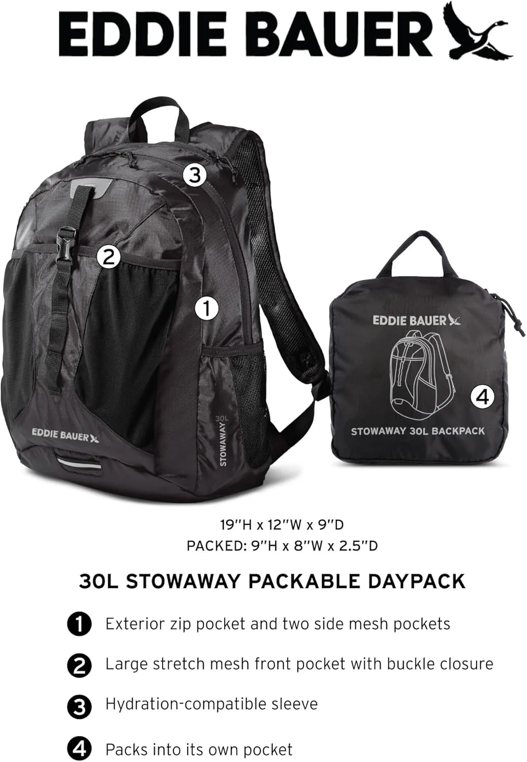 Eddie Bauer Stowaway Packable Backpack-Made from Ripstop Polyester, Deep Sea, 30L