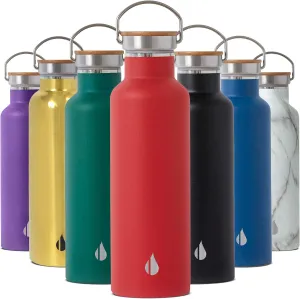 Elemental Classic Stainless Steel Water Bottle - 25oz Leak Proof Double Wall Insulated Water Bottle for Travel, Gym, Sports and Hydration - Thermos Water Bottles with Bamboo Lid - Red