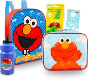 Elmo Mini Backpack with Lunch Box Set for Kids - Bundle with 11" Sesame Street Backpack, Elmo Lunch Bag, Stickers, Water Bottle, More | Elmo Backpack for Toddlers