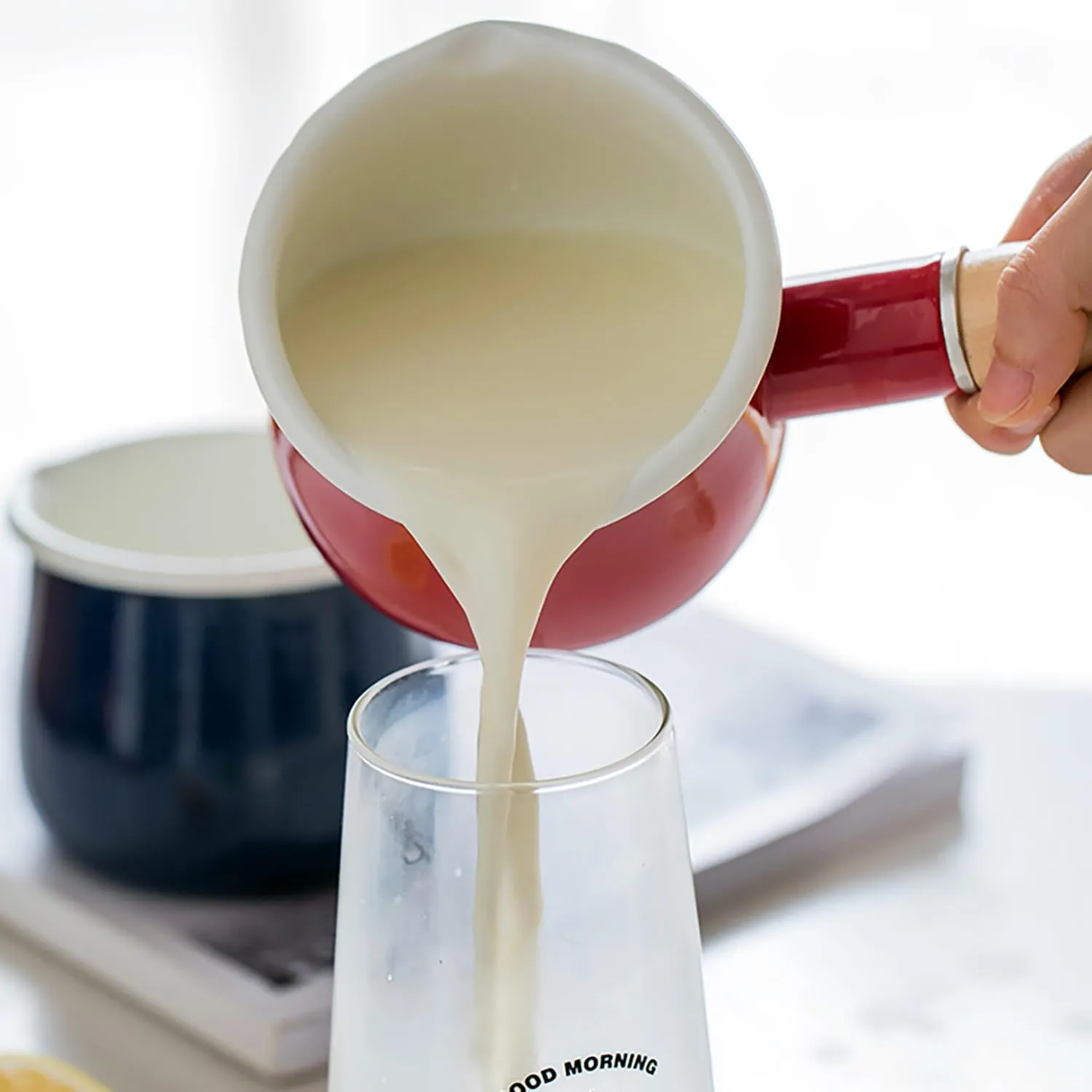 Enamel Milk Pot, Butter Warmer Non-stick Mini Saucepan, 4 Inch 17 Oz Small Cookware with Wooden Handle(Red)