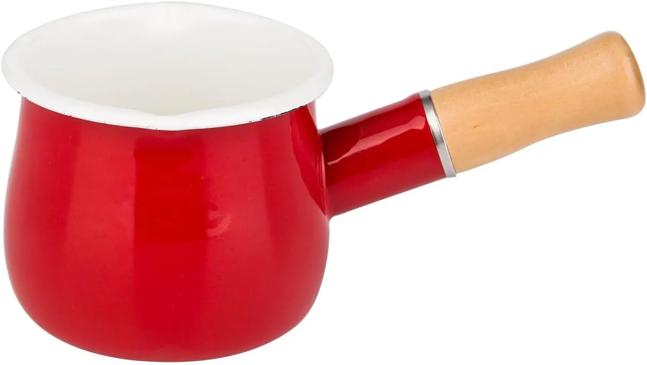 Enamel Milk Pot, Butter Warmer Non-stick Mini Saucepan, 4 Inch 17 Oz Small Cookware with Wooden Handle(Red)