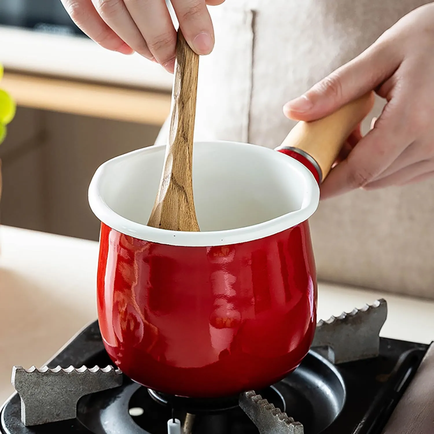 Enamel Milk Pot, Butter Warmer Non-stick Mini Saucepan, 4 Inch 17 Oz Small Cookware with Wooden Handle(Red)