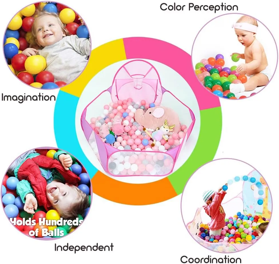 Eocolz Kids Ball Pit Large Pop Up Childrens Ball Pits Tent for Toddlers Playhouse Baby Crawl Playpen with Basketball Hoop and Zipper Storage Bag, 4 Ft/120CM, Balls Not Included (Pink)