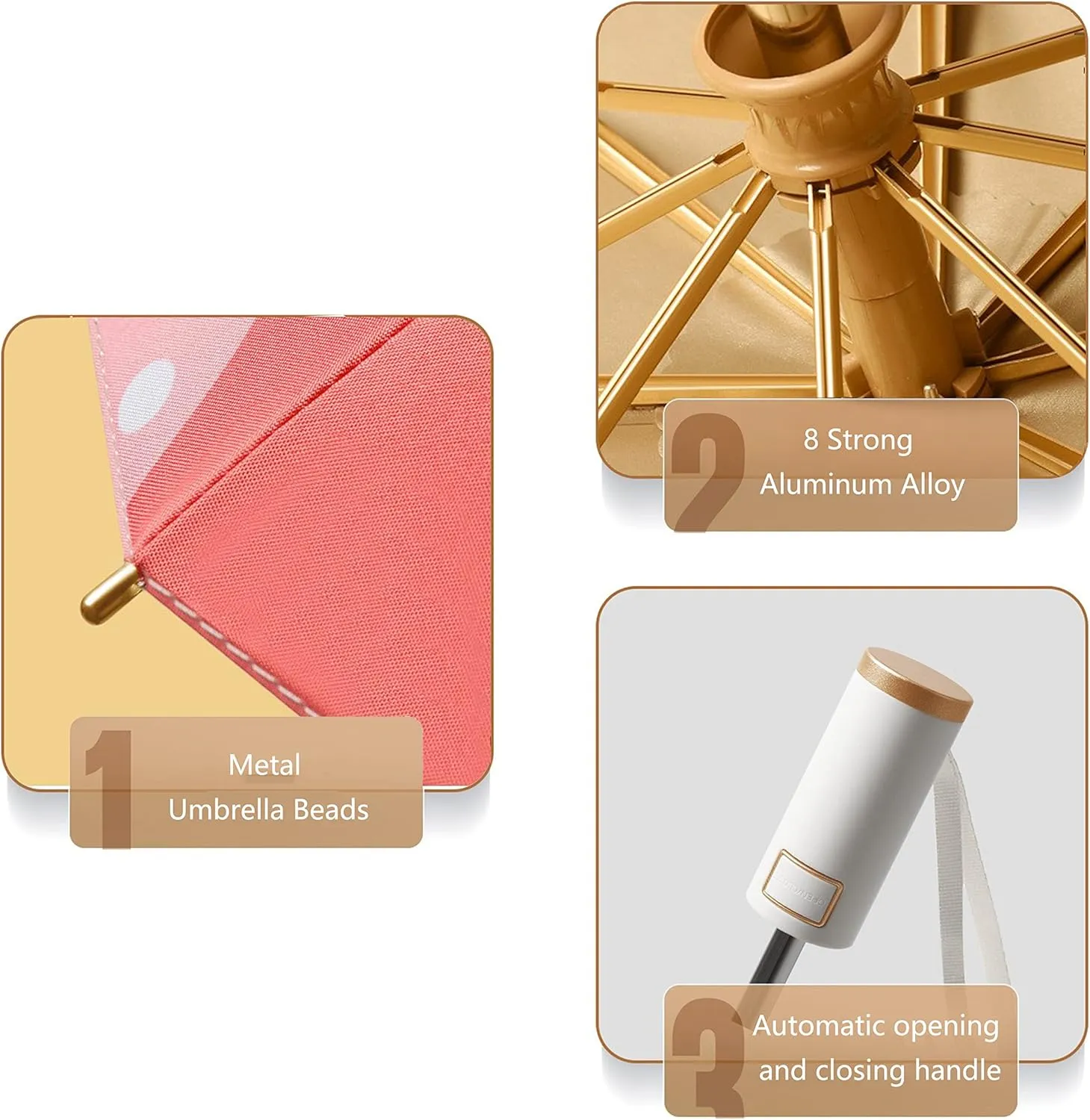 erised's bifrost Light Small Compact Travel Automatic Golden Folding Umbrella 8 Ribs,Auto Open Close Button,Portable,Ergonomic Handle,99 UV Protection,Rain Sun,Backpack,Women Men