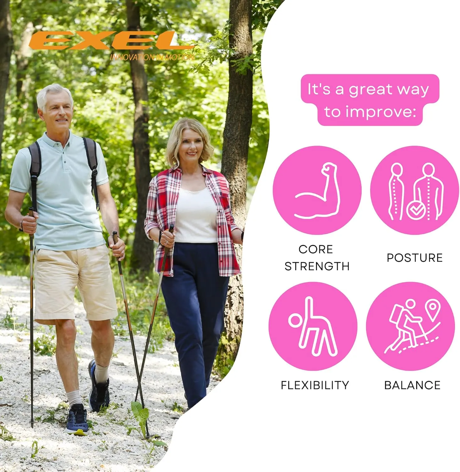 Exel Nordic Walking Poles for Seniors and All Ages - Trekking Poles for Hiking, Walking, and Fitness Activities - Walking Stick for Balance and Posture