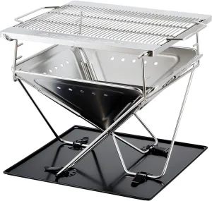 Explorer Bear 20" Stainless Steel Foldable Takibi Fire & Grill with Carrying Bag, Grill Bridge, and Coal Bed | Portable Wood Burning Fire Pit | Perfect for Camping, Outdoors, Patios