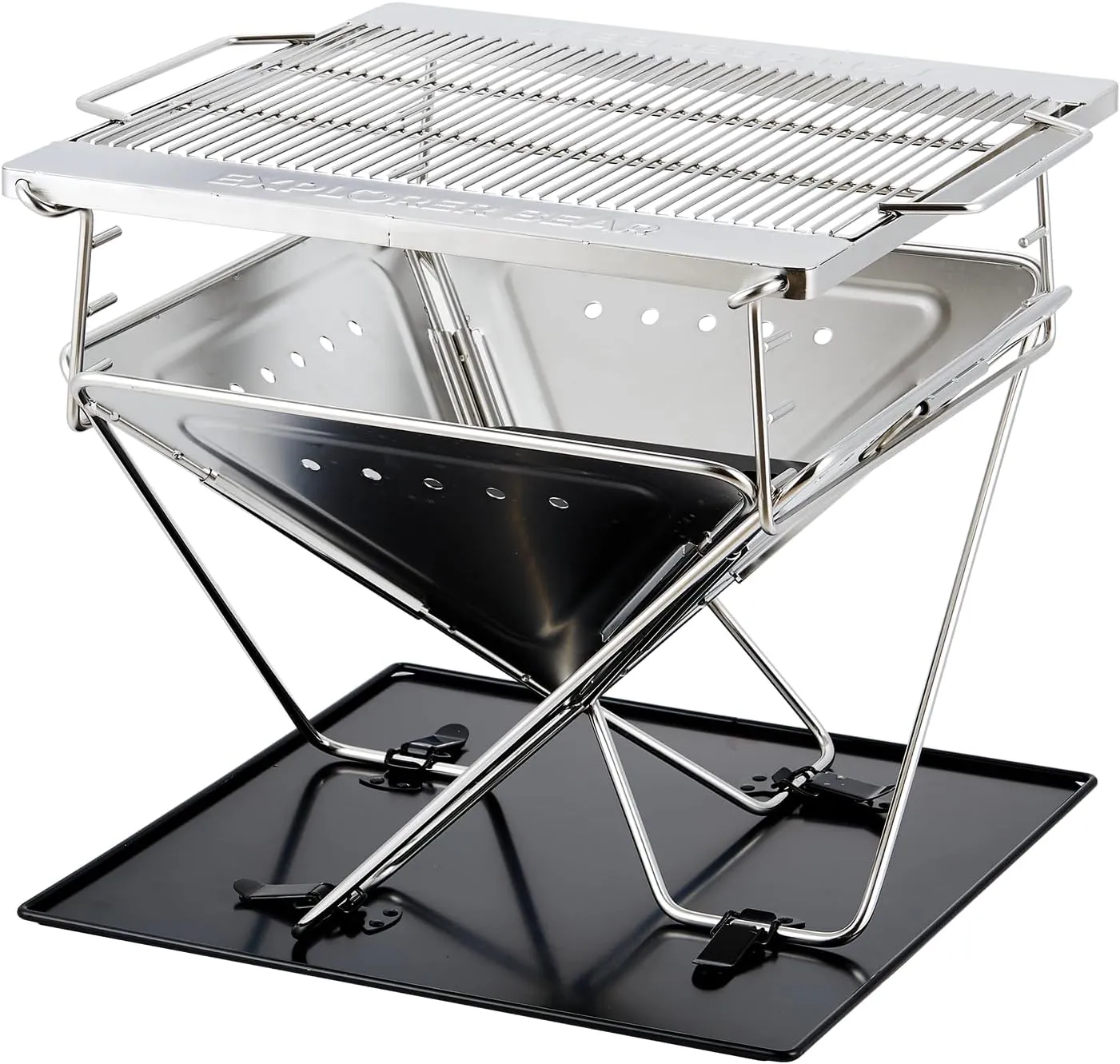 Explorer Bear 20" Stainless Steel Foldable Takibi Fire & Grill with Carrying Bag, Grill Bridge, and Coal Bed | Portable Wood Burning Fire Pit | Perfect for Camping, Outdoors, Patios