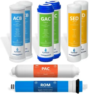 Express Water – 1 Year Reverse Osmosis System Replacement Filter Set – 8 Filters with 50 GPD RO Membrane, Carbon GAC, ACB, PAC Filters, Sediment SED Filters – 10 inch Size Water Filters…