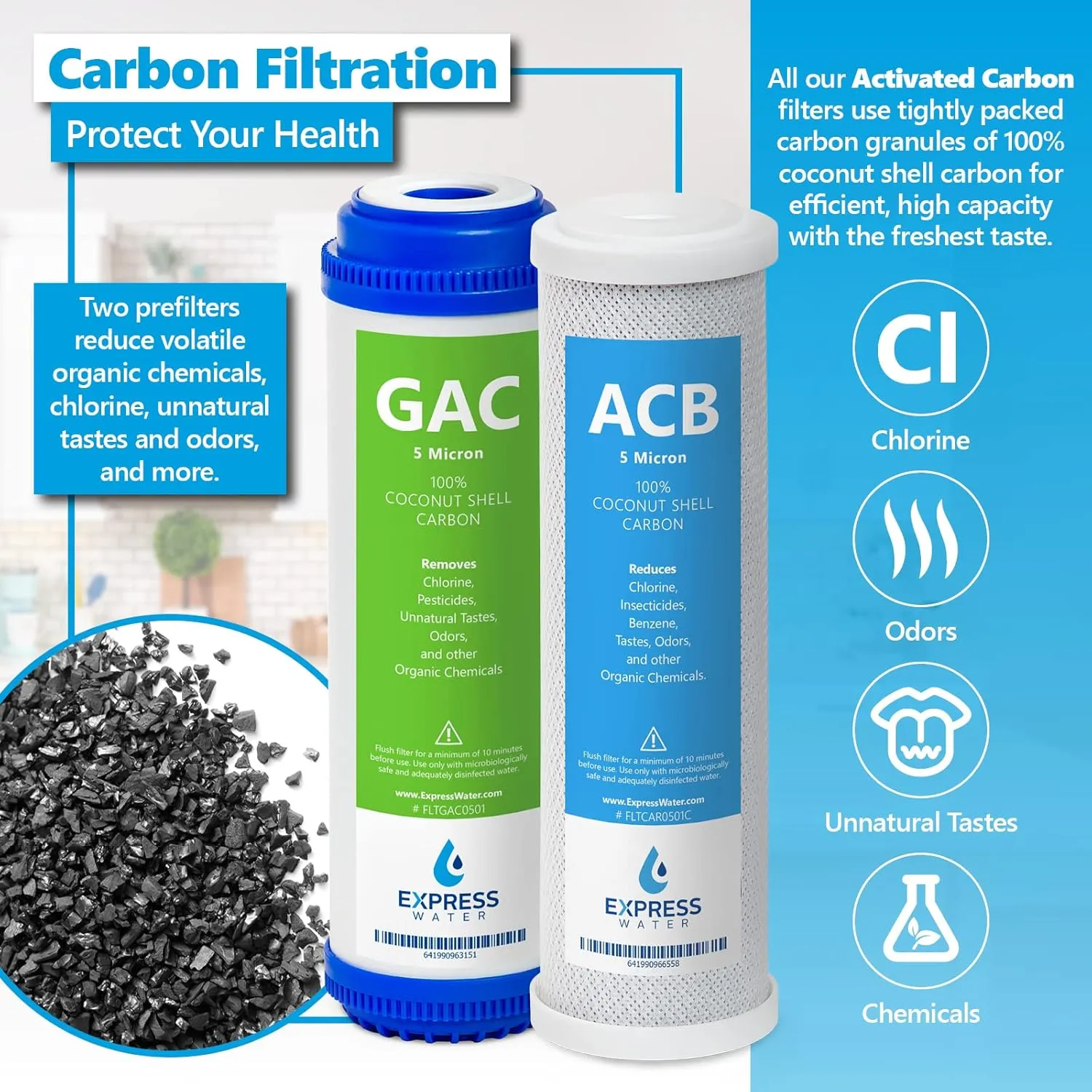 Express Water – 6 Month Direct System Under Sink System Replacement Filter Set – 3 Filters with Carbon (GAC, ACB) and Sediment (SED) – 10 inch Size Water Filters