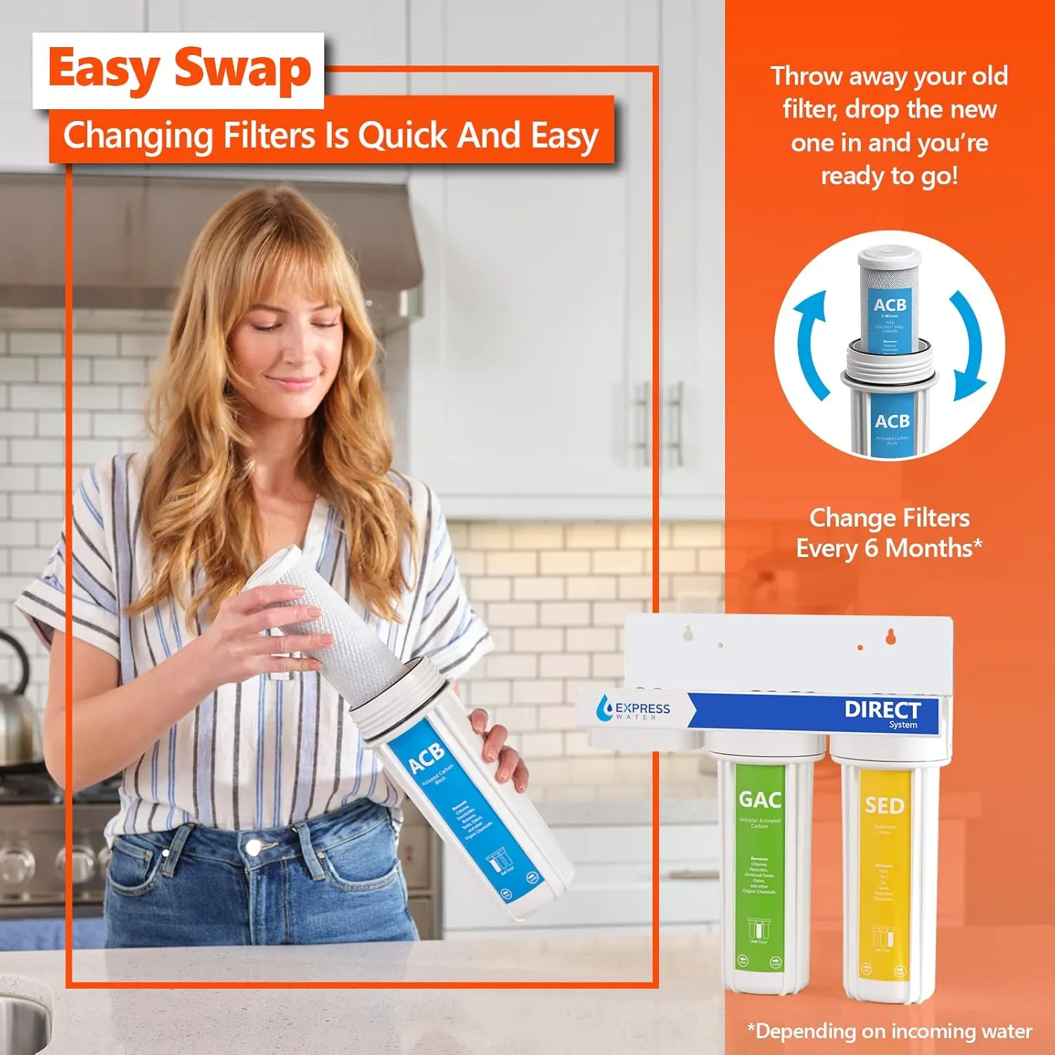 Express Water – 6 Month Direct System Under Sink System Replacement Filter Set – 3 Filters with Carbon (GAC, ACB) and Sediment (SED) – 10 inch Size Water Filters