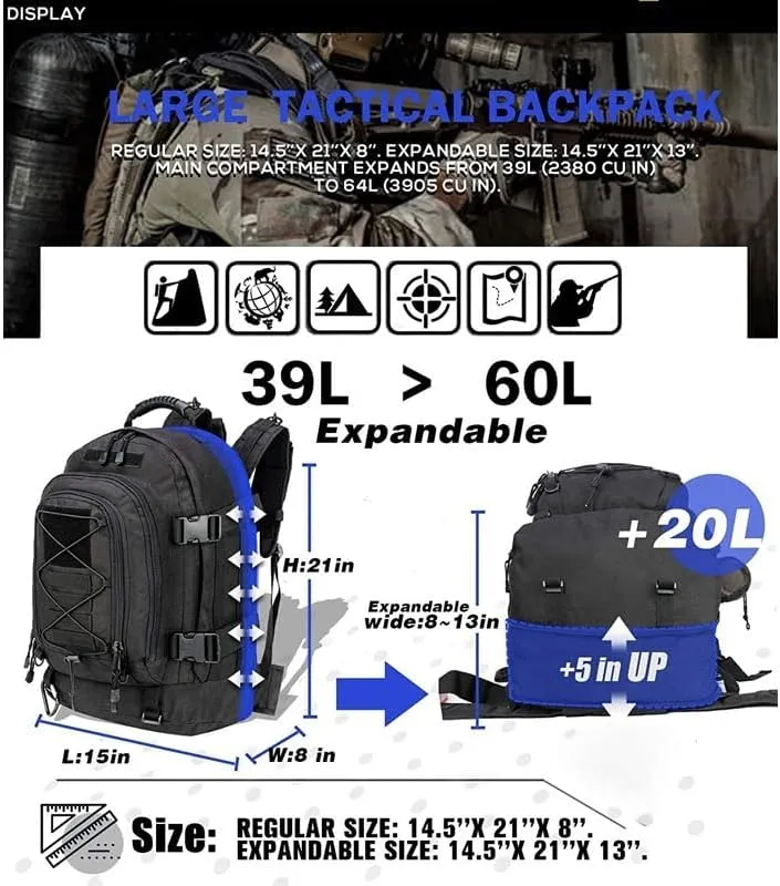 Extra Large 60L Tactical Backpack for Men Women Outdoor Water Resistant Hiking Travel Laptop Bag(CP)