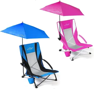 FAIR WIND 2 Pack Beach Chair with Umbrella for Adults Shade Chair Folding Backpack Portable Concert Bag Sand Chair with Cup Holder - Blue with Pink